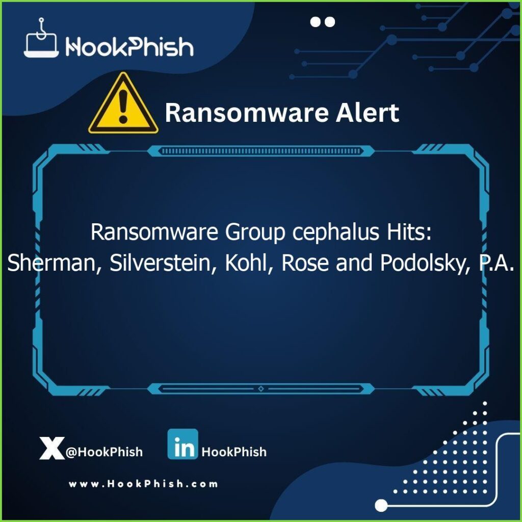hookphish post ransomware group cephalus hits sherman silverstein kohl rose and podolsky p a
